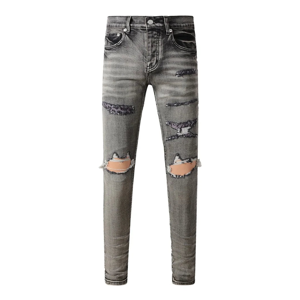 High Street American Distressed Men's Jeans Fashion Brand Coated Blank Stretch Skinny Button Fly Ripped Pants Trousers