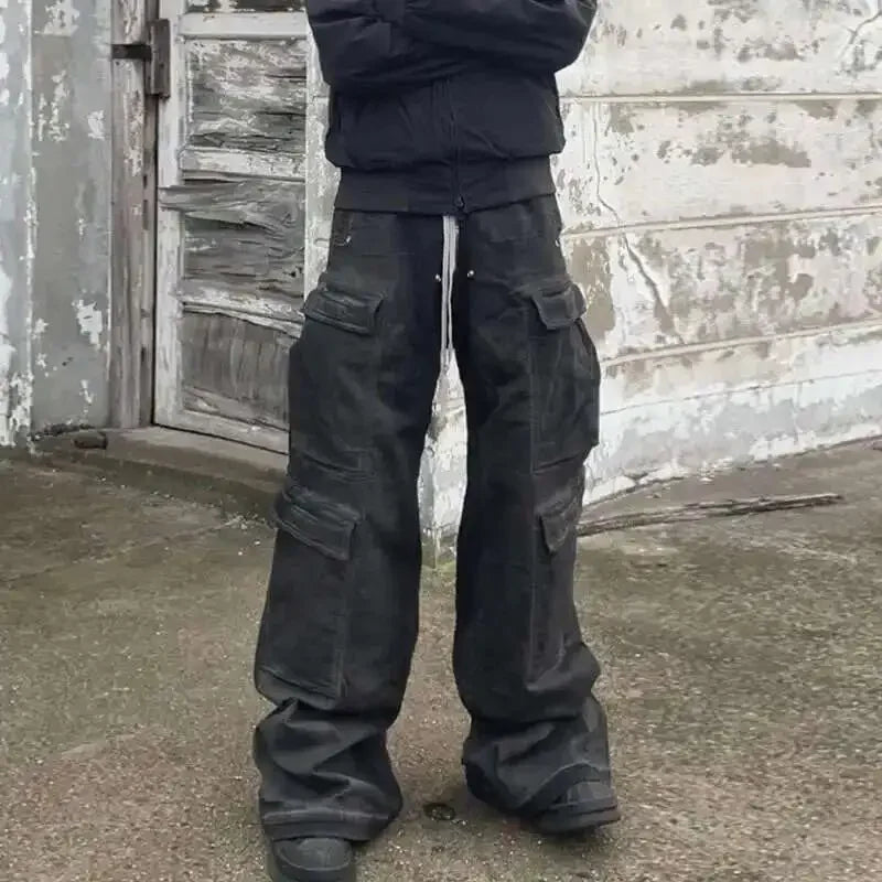 High Street Drawstring Zipper Sliced Wide Leg Cargo Pants Msn's Casual Loose Straight Trousers Loose Denim Pants
