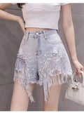 Women Luxurious Beading Tassel Sequins Denim Shorts 2026 Summer High-waist Loose-fitting Shorts Korean Style Ripped Denim Shorts