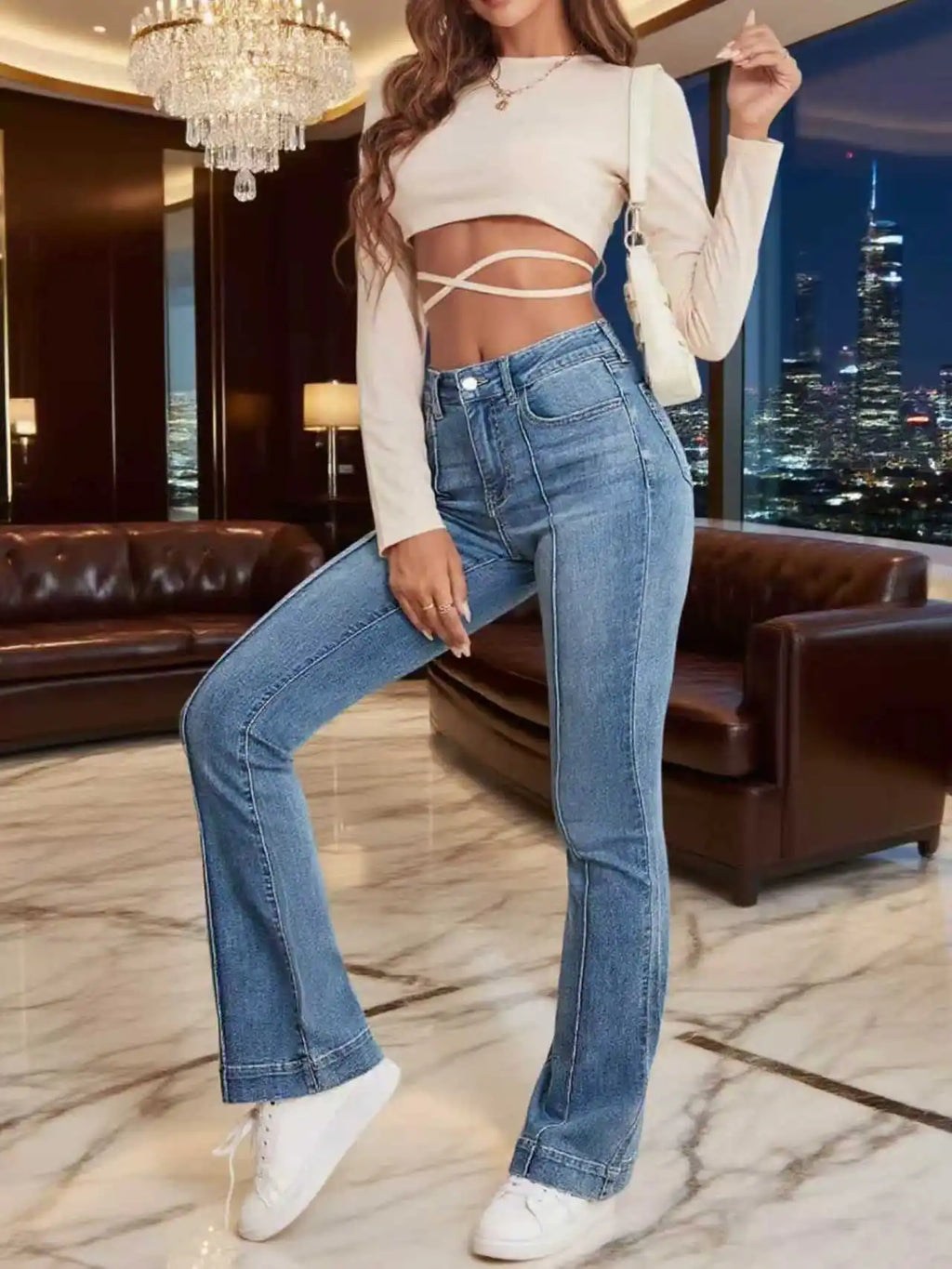 Gray Stretch Womens Flared Jeans Seam Detail Simple Design Versatile Slimming Bootcut Trousers Women's Pants Pants Jeans