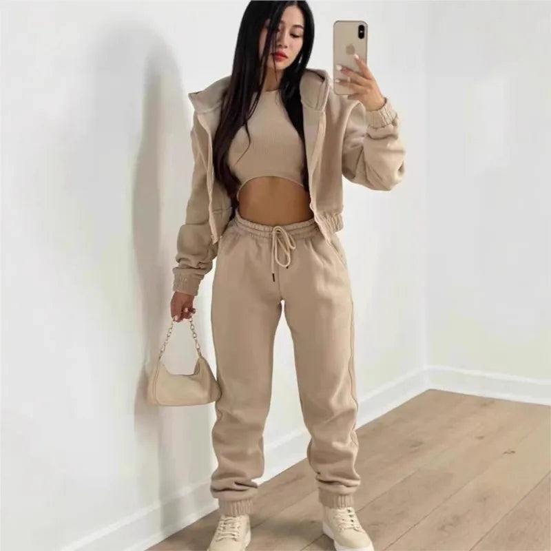 Women's 3 Piece Sets Suit Casual Long Sleeve Zip Hoodies Tank High Waist Sweatpants Jogger Pant Suits Sporty Three Pieces Outfit