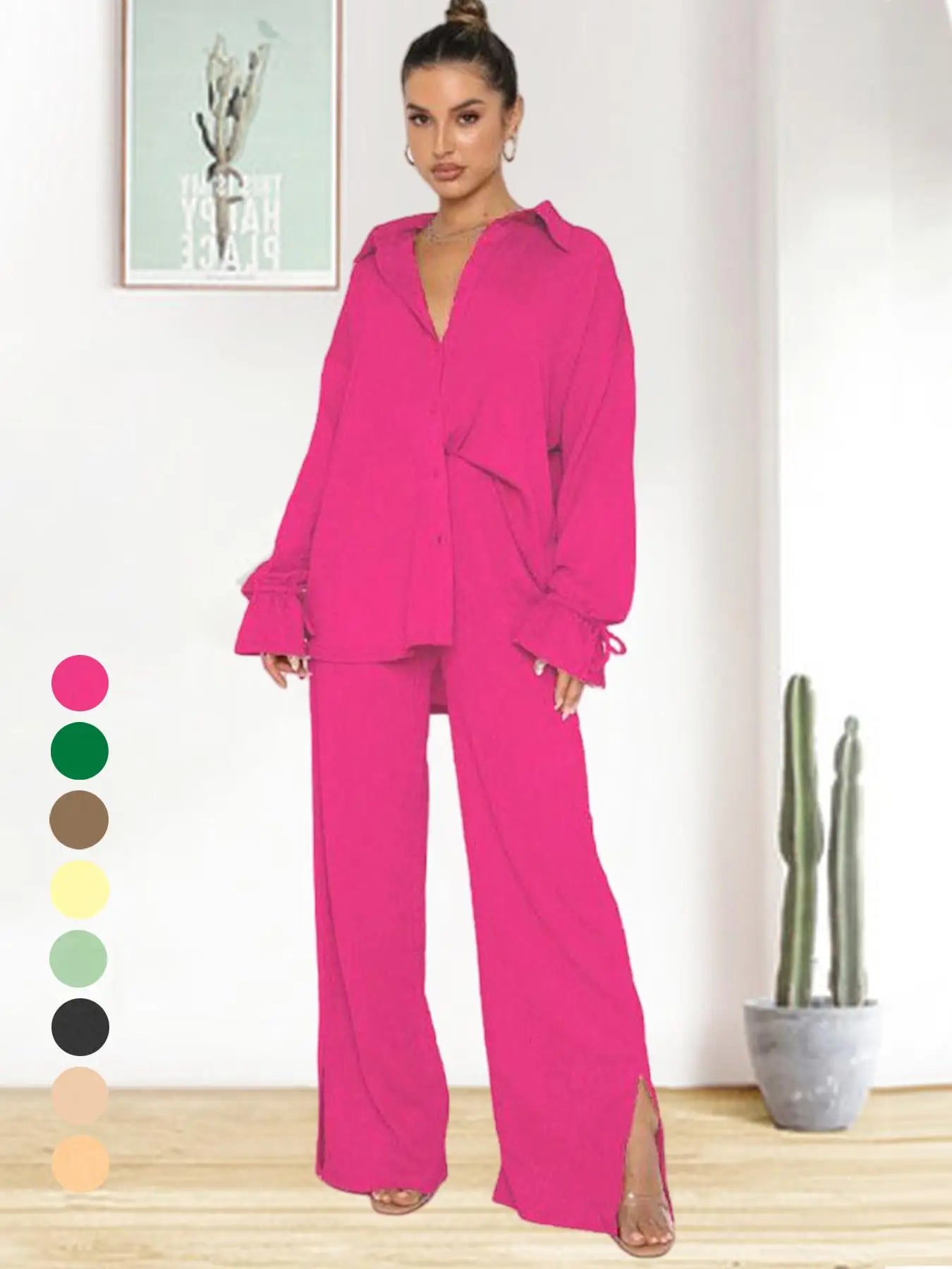 2026 SPRING SUMMER WOMEN'S SOLID COLOR TWO-PIECE SET, RUFFLE SLEEVE SHIRT MATCHED WITH SLIT PANTS, COMFY OUTFIT FOR DAILY CASUAL