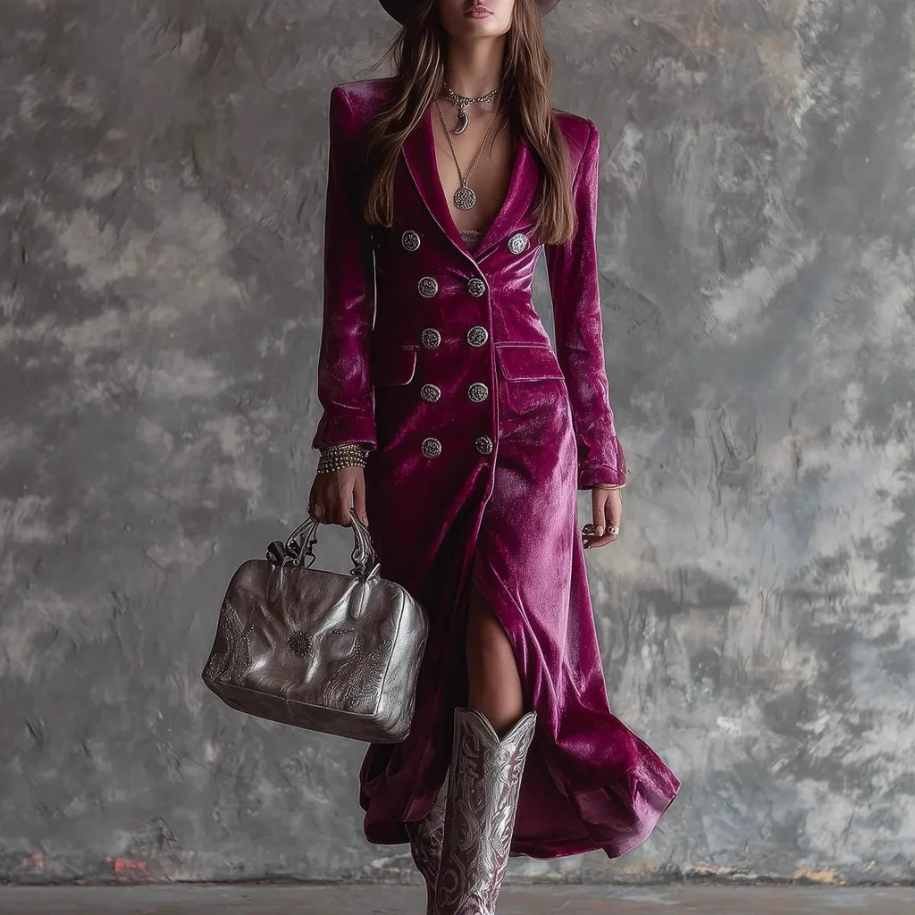 Velvet Double Breasted Dress for Women's Long Sleeve Lapel Collar Split Hem Elegant Vintage Casual Slim Fall Winter Midi Dress