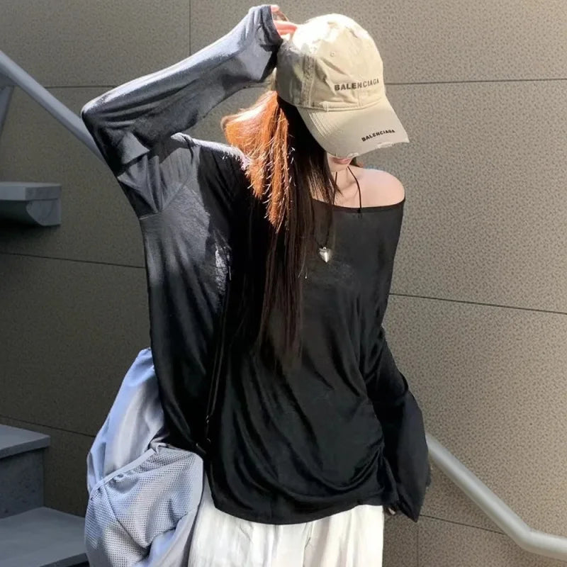 Sexy Sheer Baggy T-shirt for Women 2026 Summer Casual Fashion Loose Pullovers Chic Lazy Solid Color Off Shoulder Top Streetwear