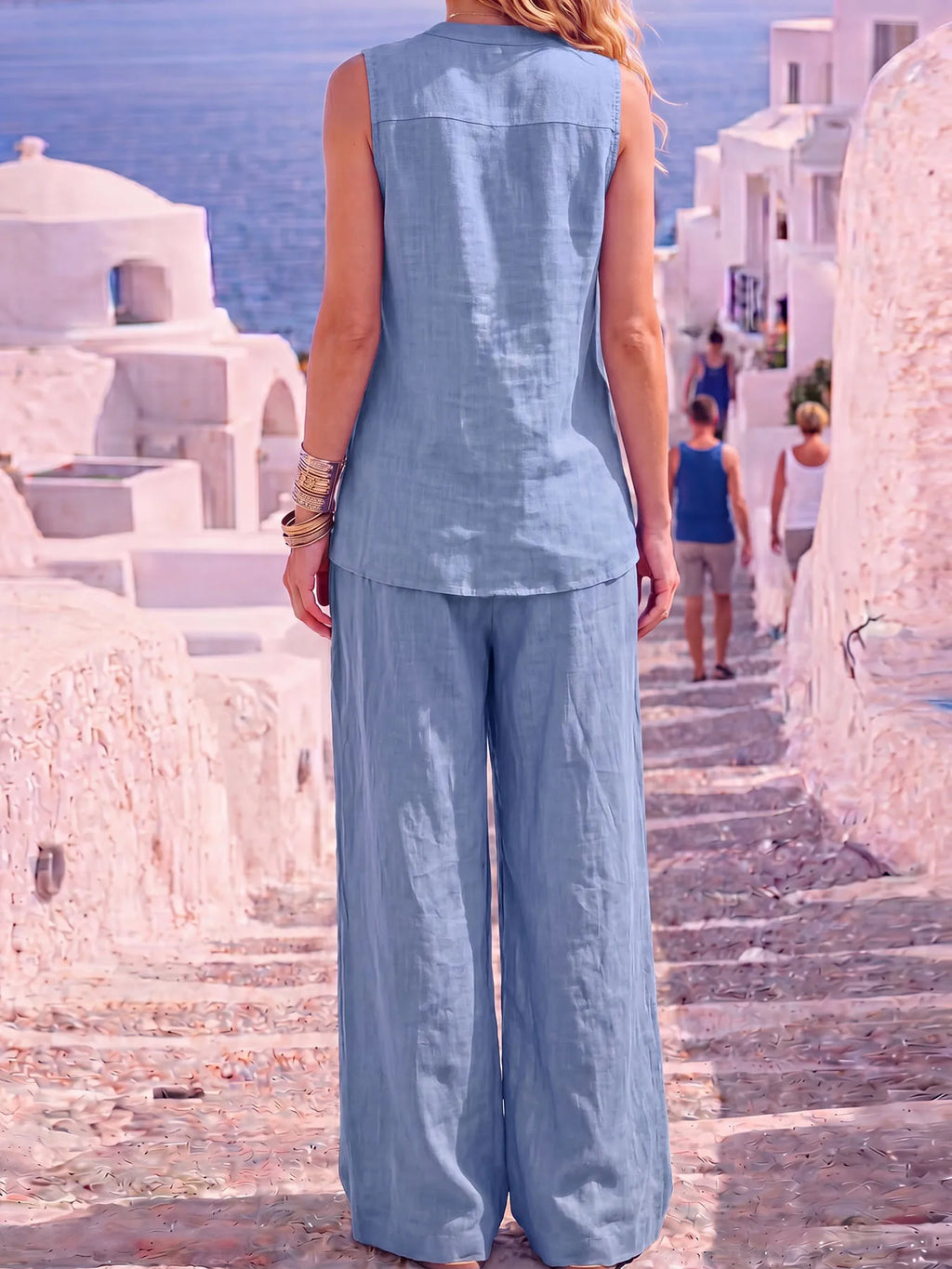 Women's 100% Cotton Casual Two-Piece Set: Sleeveless Tank Top & Wide-Leg Pants – Lightweight, Minimalist, and Stylish