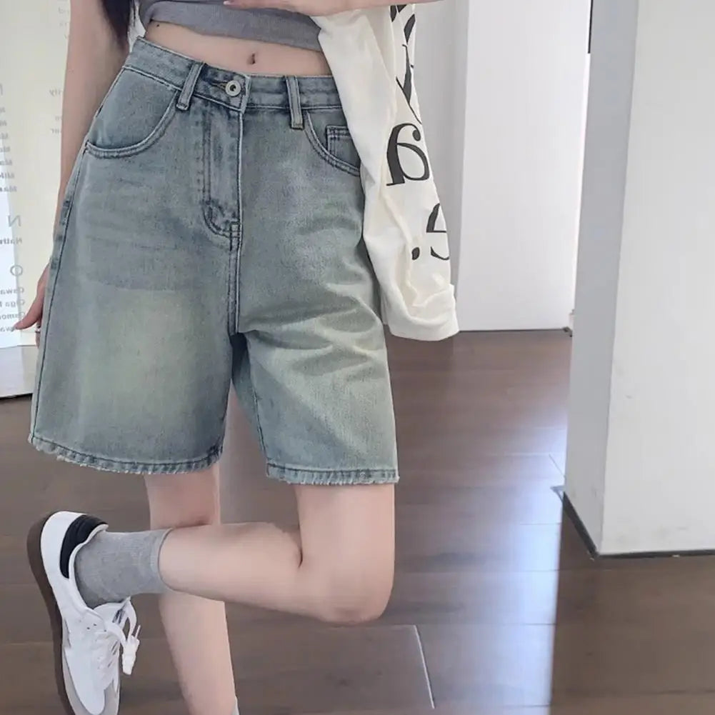 Retro Style Women Denim Shorts High Waist Vintage Washed Straight Wide Leg Button Zipper Knee Length Jeans Shorts Summer
