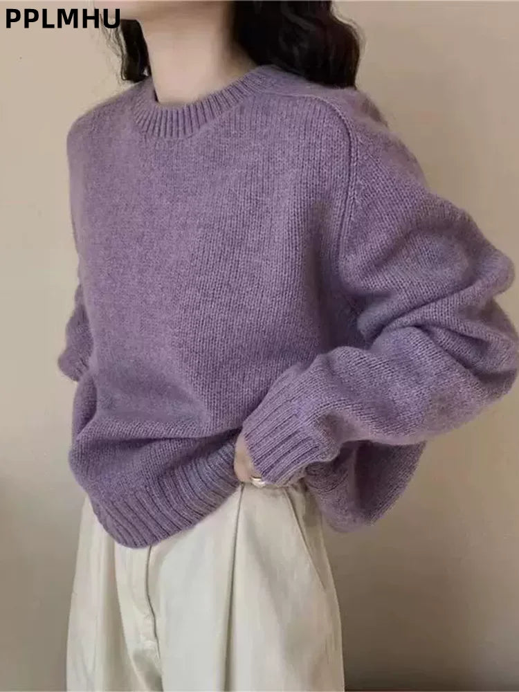 Purple O-Neck Long Sleeved Knitted Sweater Tops Casual Fashion New Knitwear Pullover Fall Winter Loose Soft Korean Jumpers