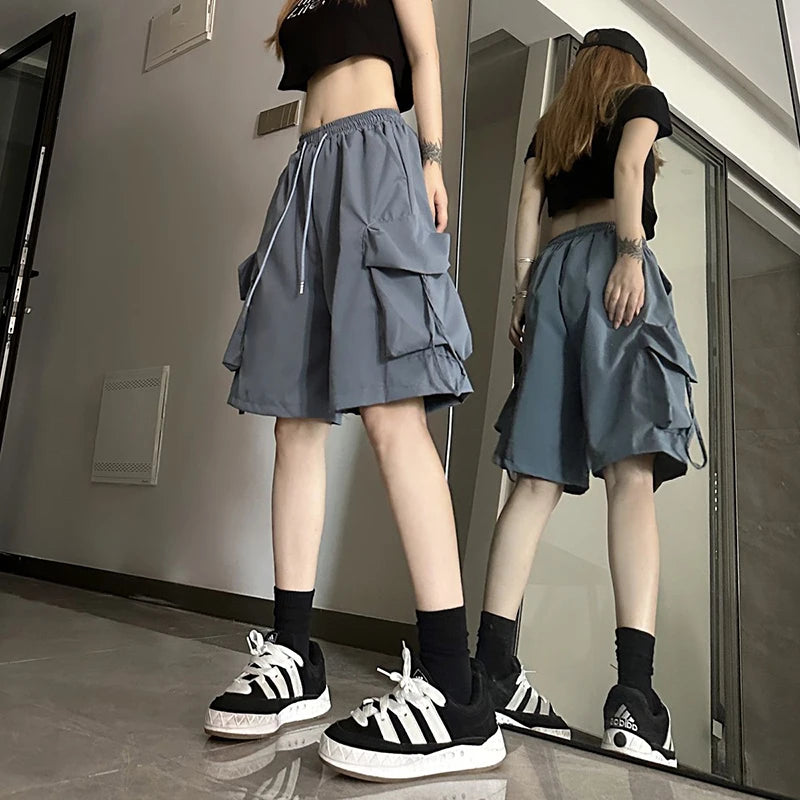 Gidyq Women High Waist Cargo Shorts American Style Streetwear Summer Wide Leg Pants Fashion Female Big Pocket Loose Shorts New