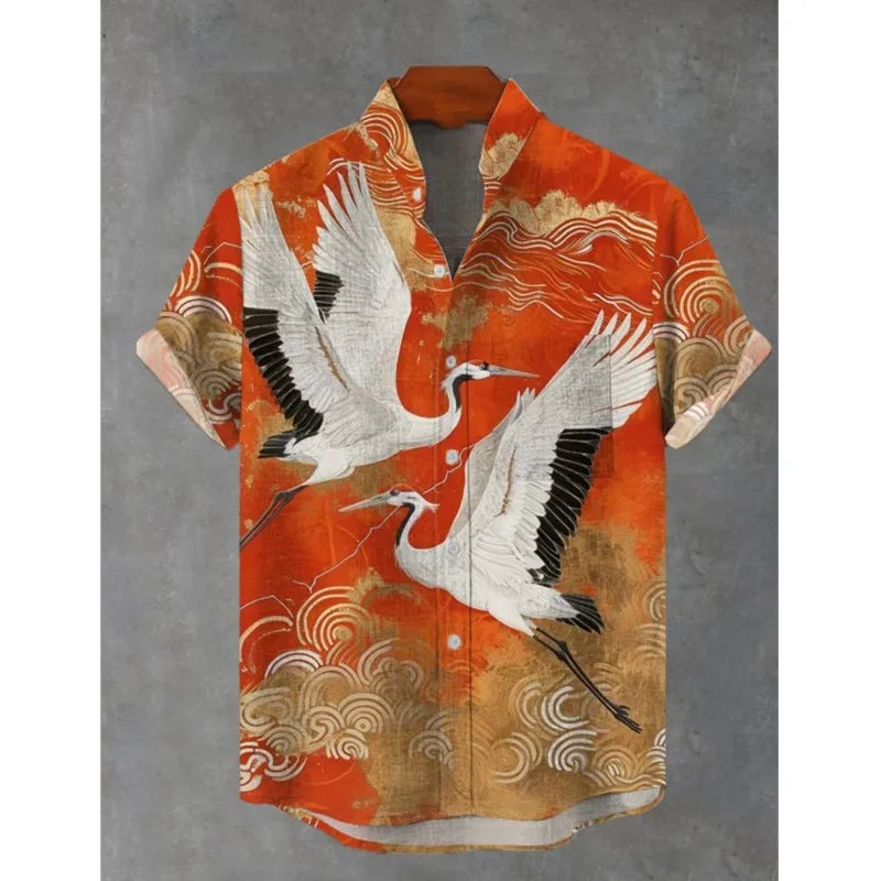 Hawaii 3D Printed men's Casual And Fashionable Short Sleeved Shirt With Collar And Button Up Top Made Of Linen