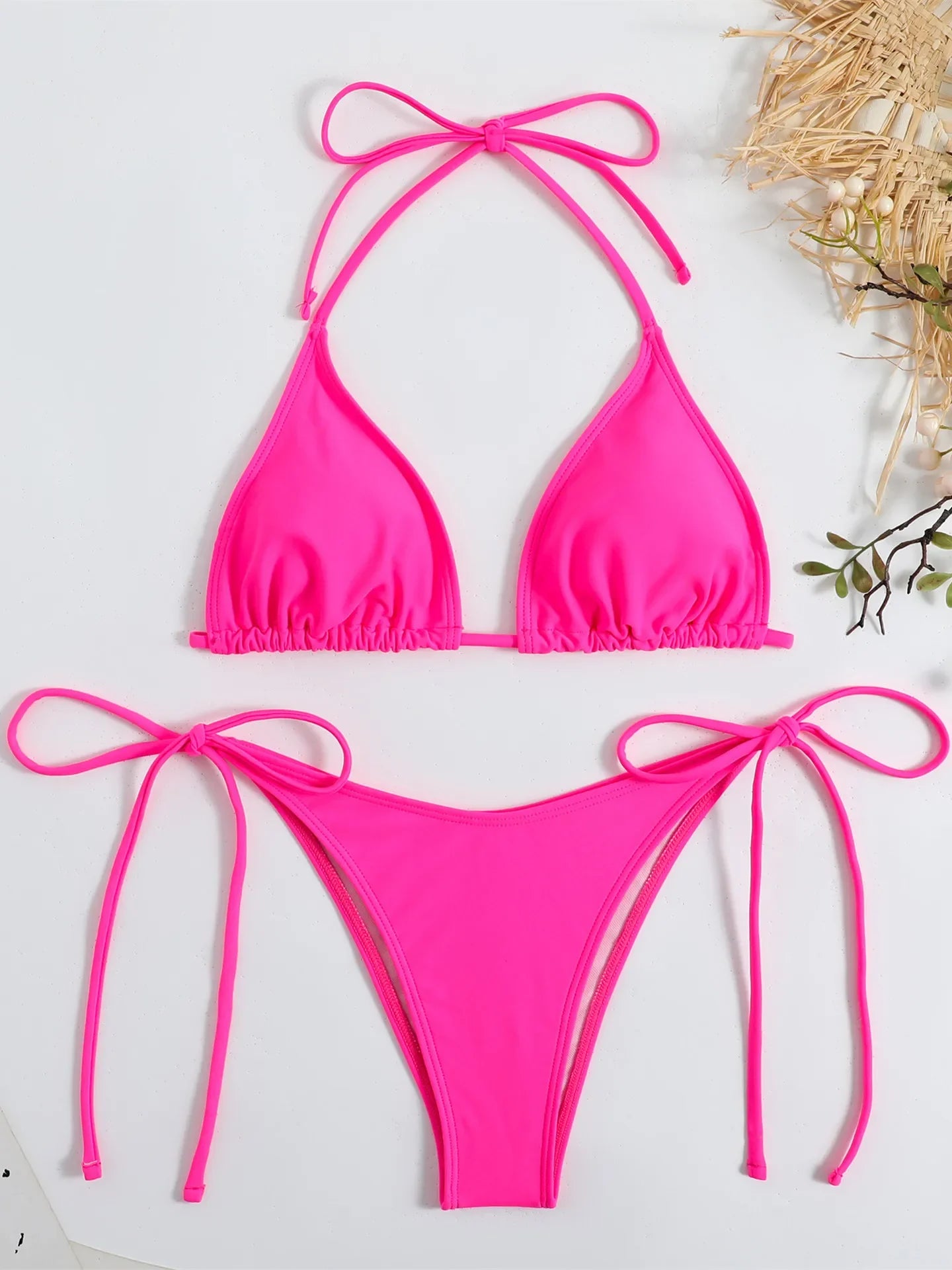 Sexy Brown Bikini 2025 Women Solid Red Halter Push Up Bra Tie Side Triangle Swimsuit Summer Bathing Suit Lace Up Micro Swimwear
