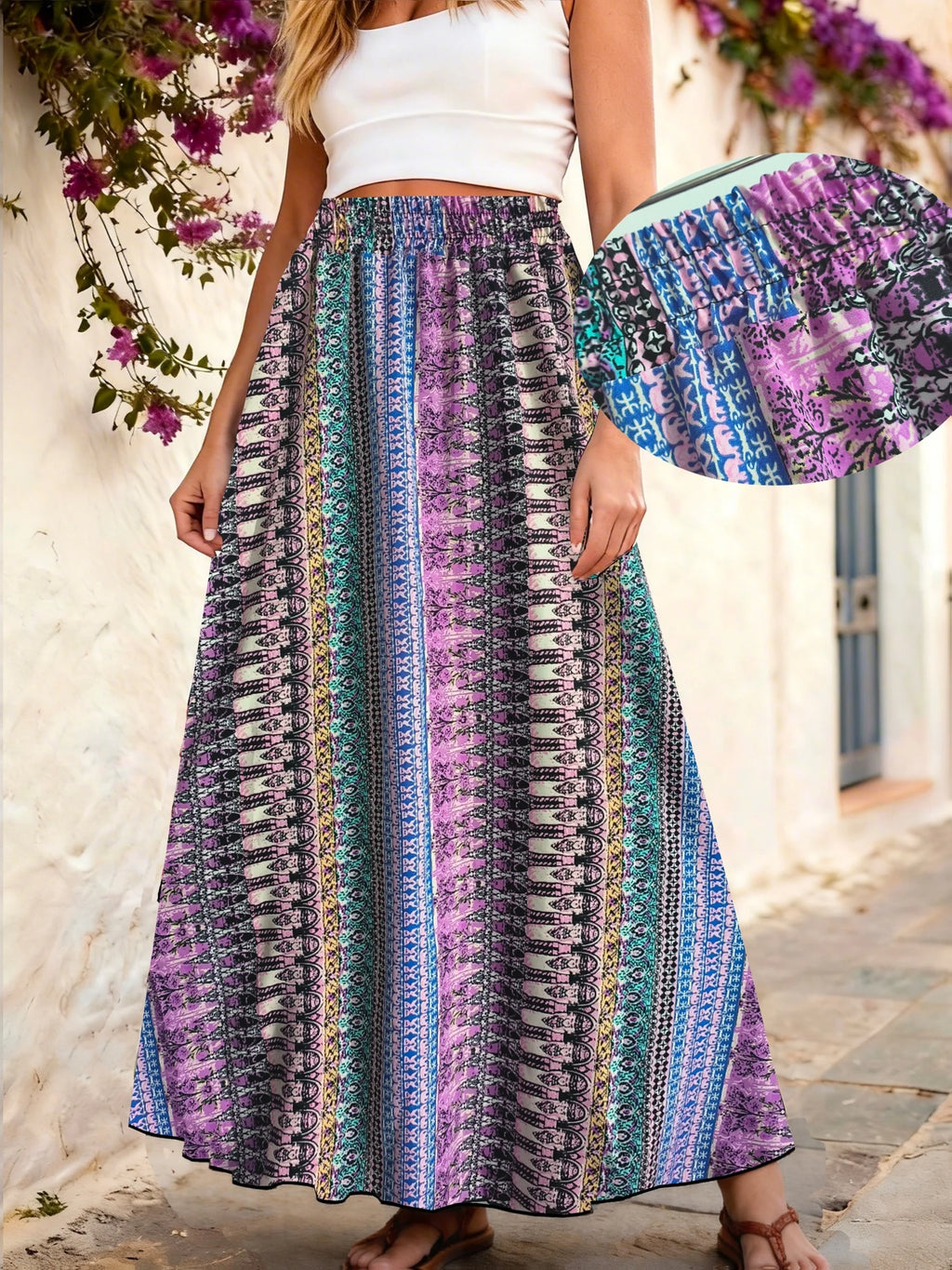 Ethnic Style Print Vacation A-Line Bohemian Long Beach Skirt
