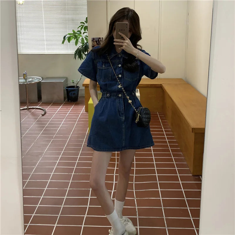 Women Vintage Denim Shirt Dress High Waist A-line Jean Mini Dress for Ladies Retro Y2K Streetwear Dresses for Women Party Outfit