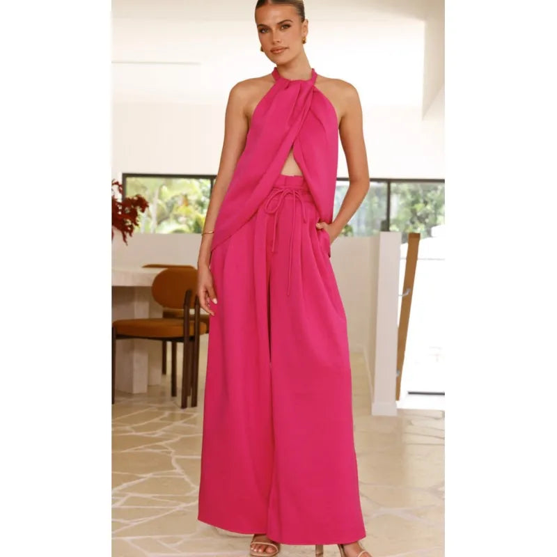 2025 Summer New Women's Elegant Solid Set Sexy Halter Tops+Lace-up Wide-leg Pants Two Piece Set Fashion High Street Office Lady