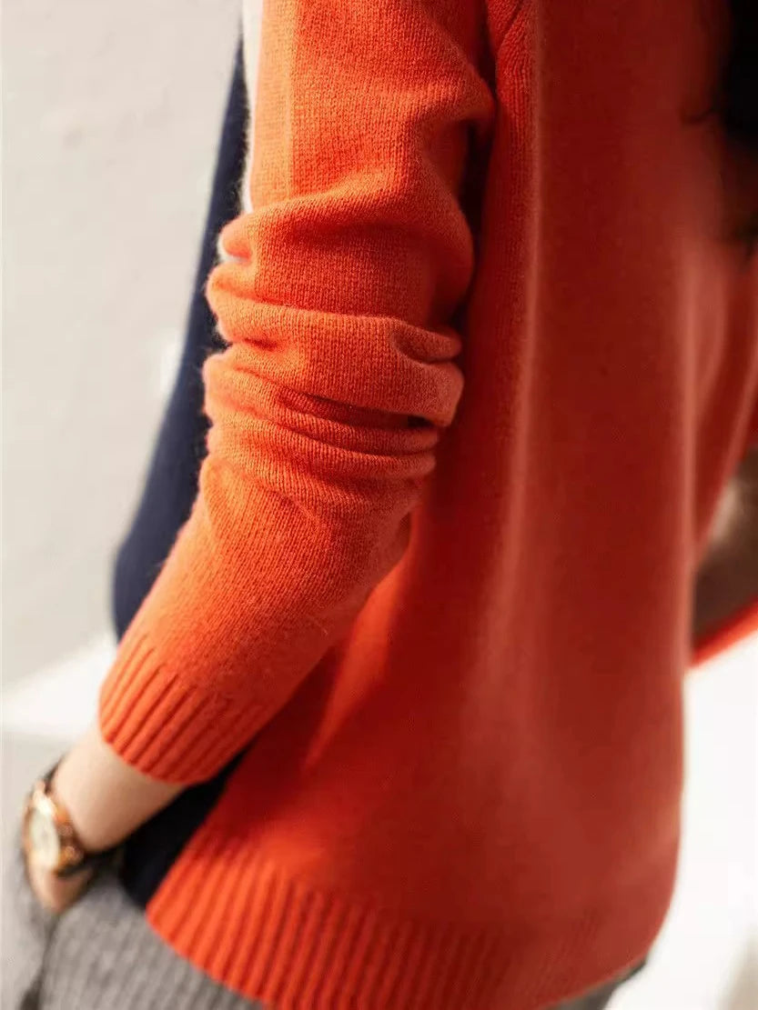 2024 Spring and Autumn New Long Sleeve Color Contrasting Bottom Shirt Women's Casual Versatile Short Knitted Sweater Women's Swe