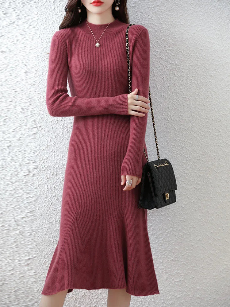 Cashmere Sweater Women's Knitted Dresses 100% Merino Wool O-Neck Elegant Party Dress Autumn Winter Female Pullover Casual Skirts