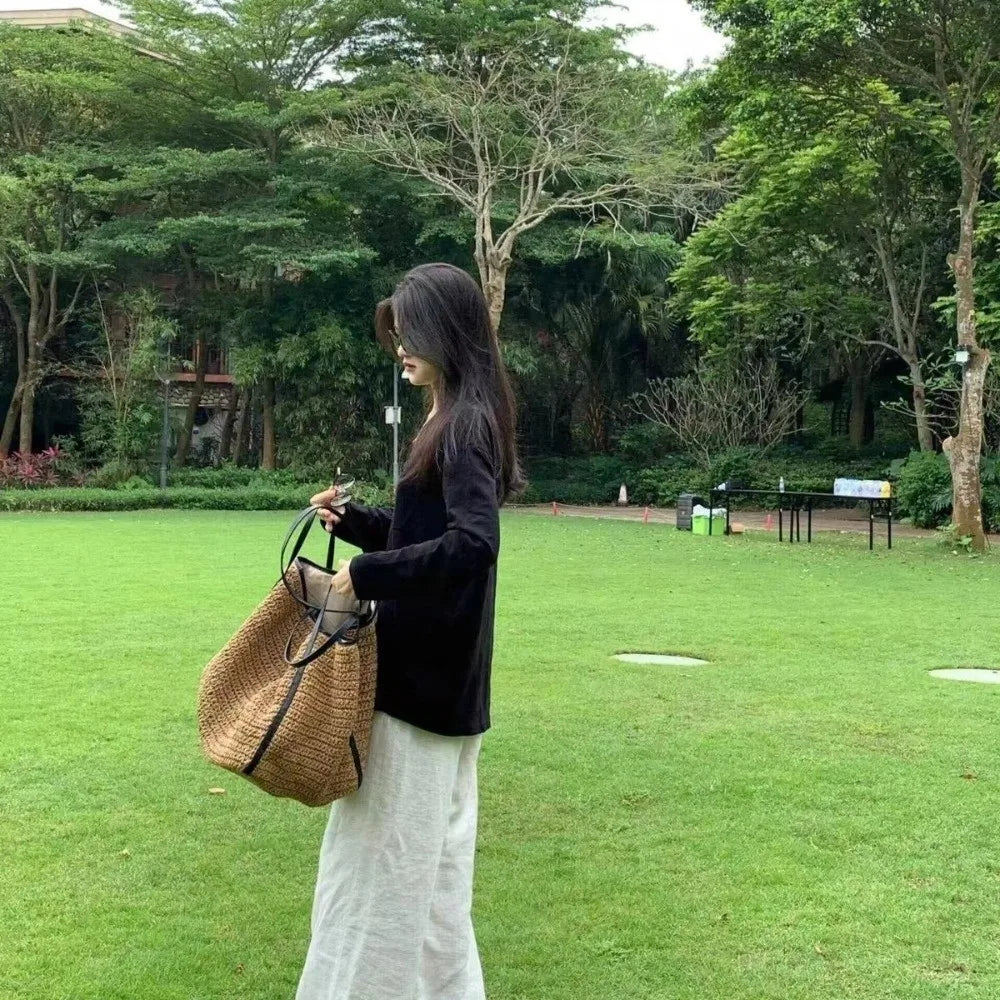 Fashion Vintage Straw Baskets Bag Straw Handmade Woven Beach Bag Korean Style Large Capacity Tote Bag Women Accessory