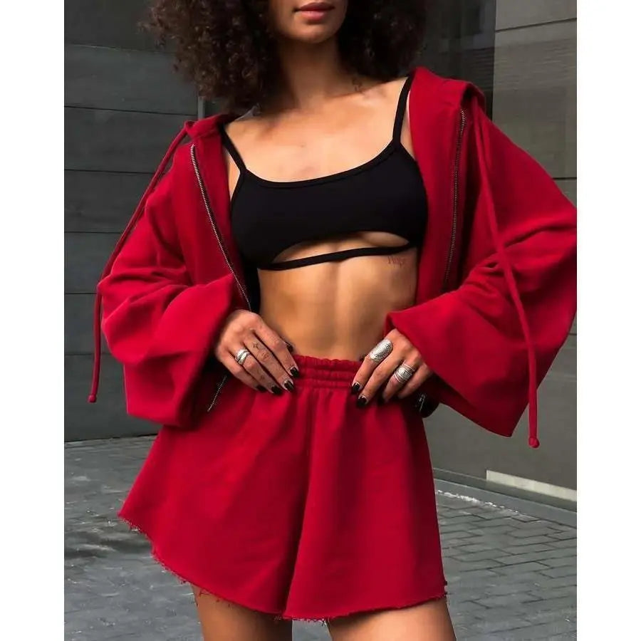 Women's Outfit Long-Sleeve Hooded Drawstring Sweatshirt Shorts Set Two-Piece Sets Sports Suit Sportswear Streetwear Trendy