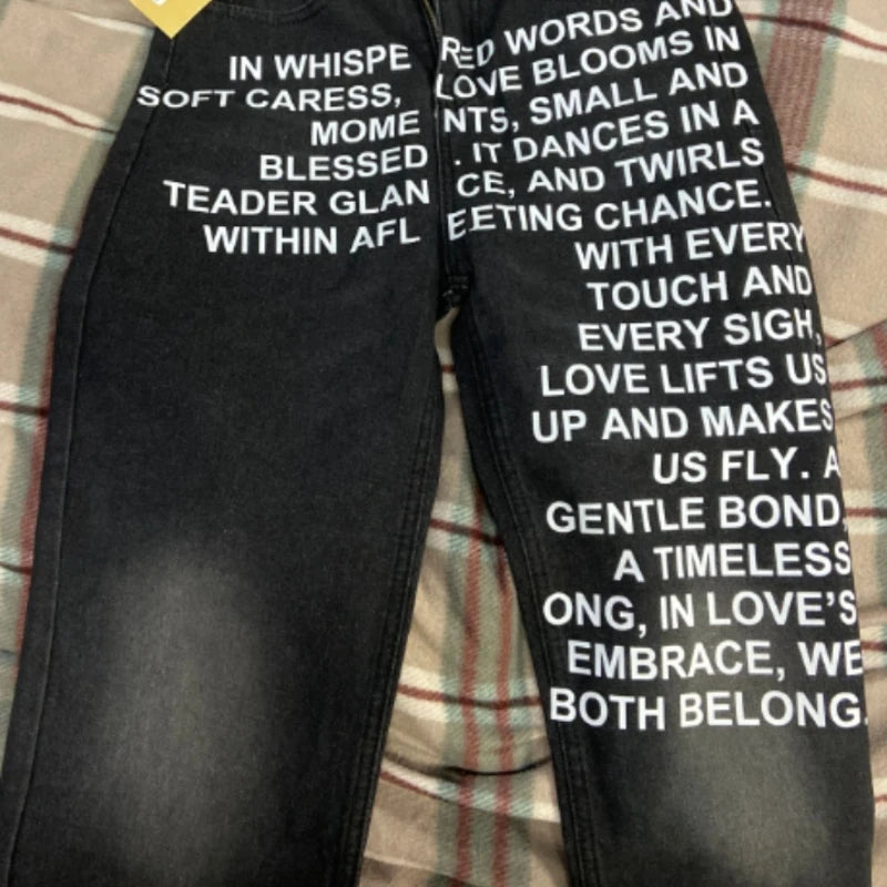 Trendy Jeans American Fashion High Street Trousers Letter Printed Pattern Wide Leg Y2K Men's Retro Gothic Casual Pants