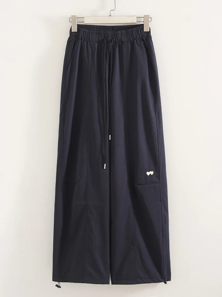 Blue Straight Pants For Women Elastic Wiast Jogger Quick-dry Sweatpants Baggy Embroidery Trousers Ladies Wide Leg Sport Pants