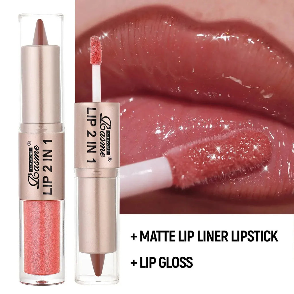 2 in 1 Dual End Matte Lip Liner Pencil & Shiny Mirror Lip Gloss Waterproof Long Lasting Lip Cosmetics for Smooth Application