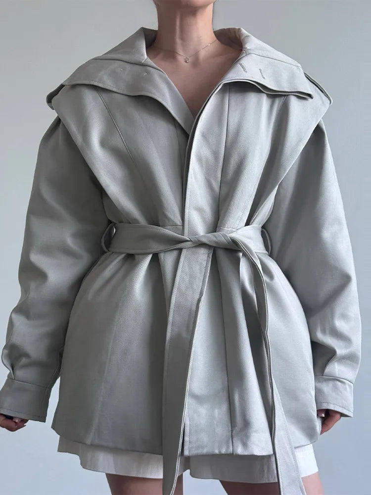 Solid Stand Collar Padded Coat Waist Tie Belt Long Cape Sleeve Button Zipper Loose Women Coats 2026 Autumn Commute Chic Outfit