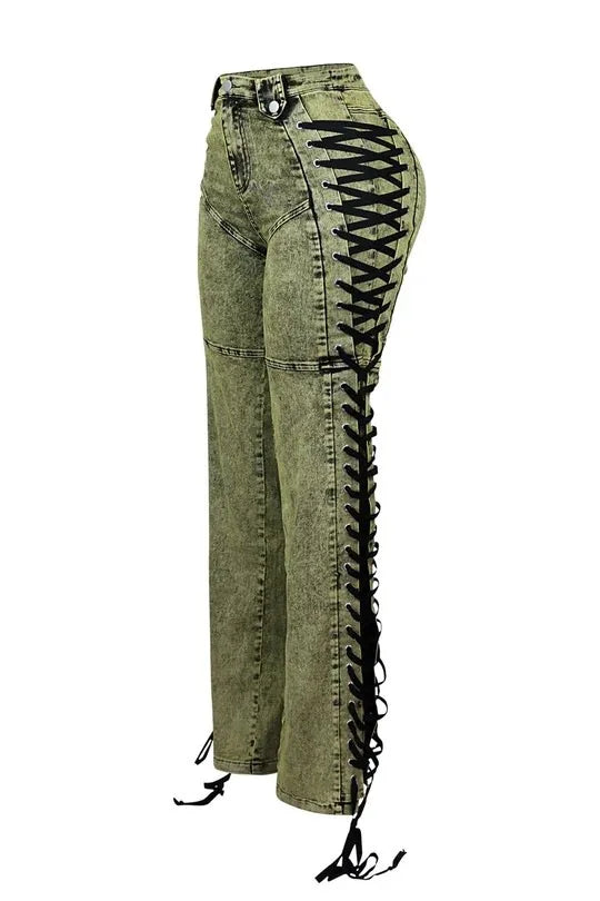 Europe America New Fashionable Women's Straight-leg High-waisted Jeans, Featuring Lace-up Straps and Drawstrings for Hot Girls