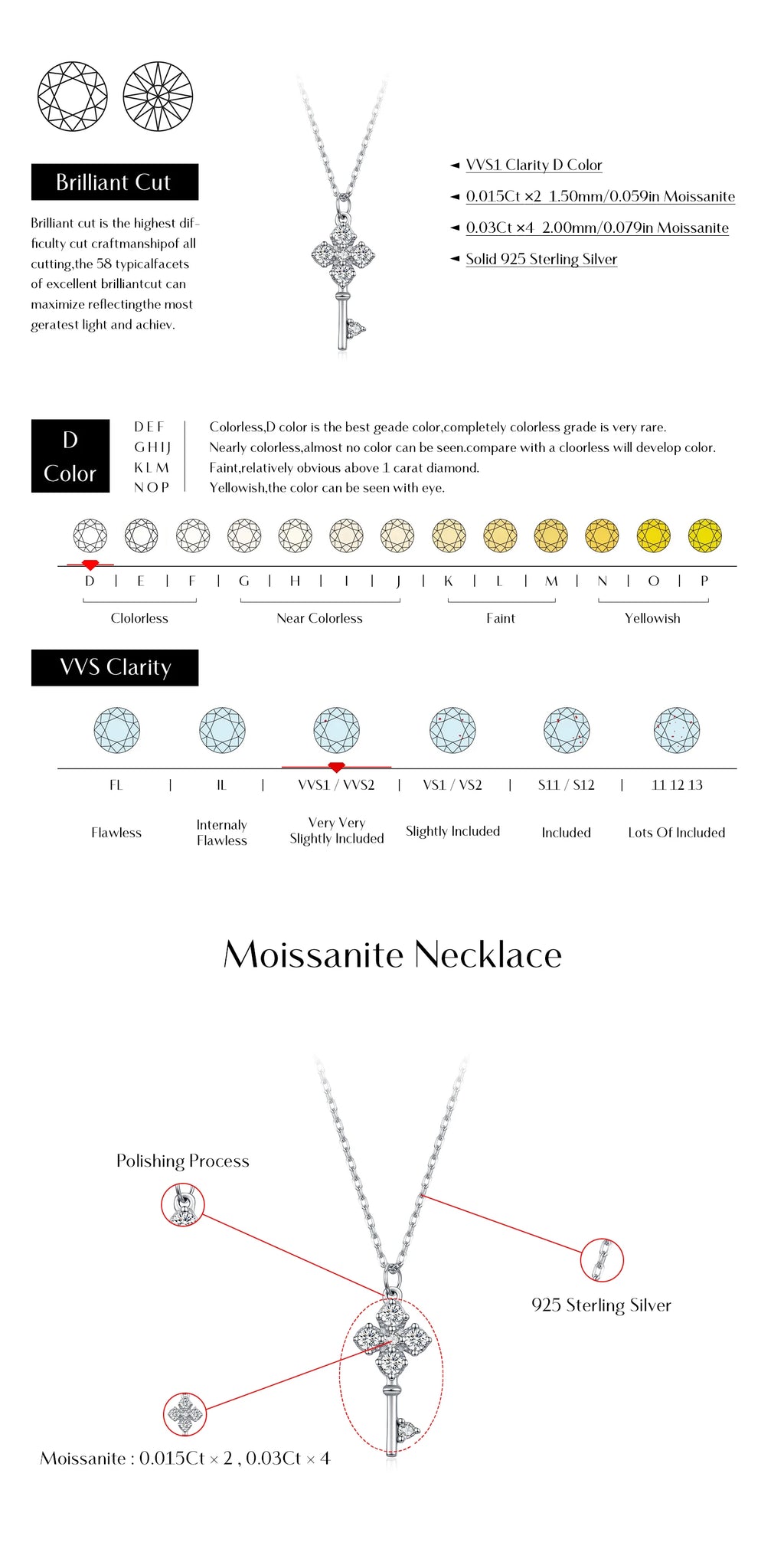 MODIAN D Color Moissanite Four Leaf Clover Key Pendant Necklace 925 Sterling Silver Lab Diamond Chain Fine Jewelry For Women