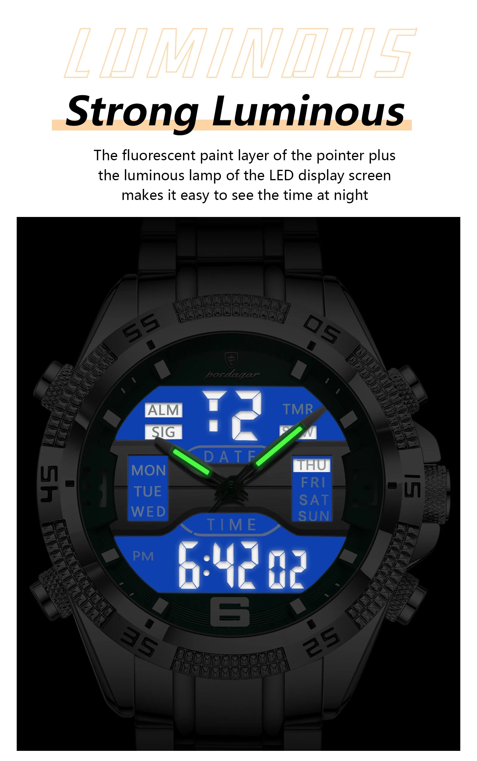 POEDAGAR LED Luxury Men Watch Sports Dual Time Display Digital Luminous Week Date Man Wristwatch Electronic Quartz Men's Watches