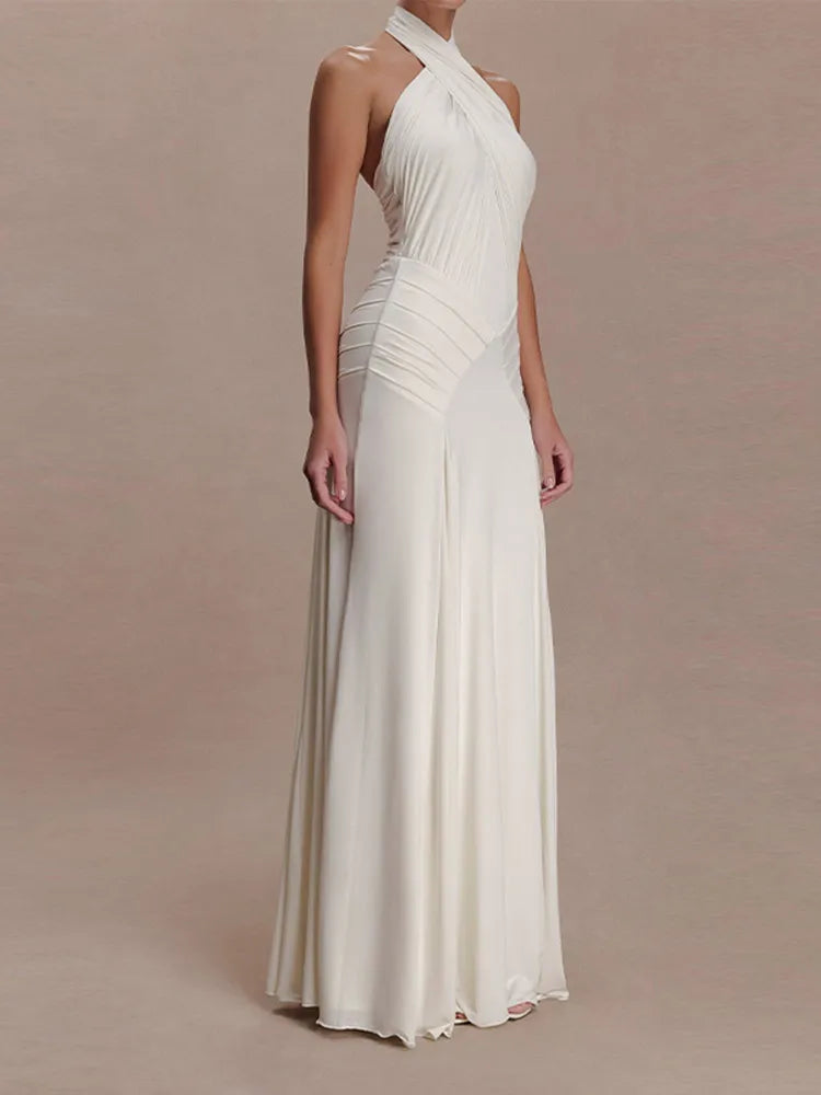 Elegant White Halter Neck Maxi Dress For Women Chic Backless Pleated Bodycon Long Vestidos 2026 Wedding Guest Evening Gown
