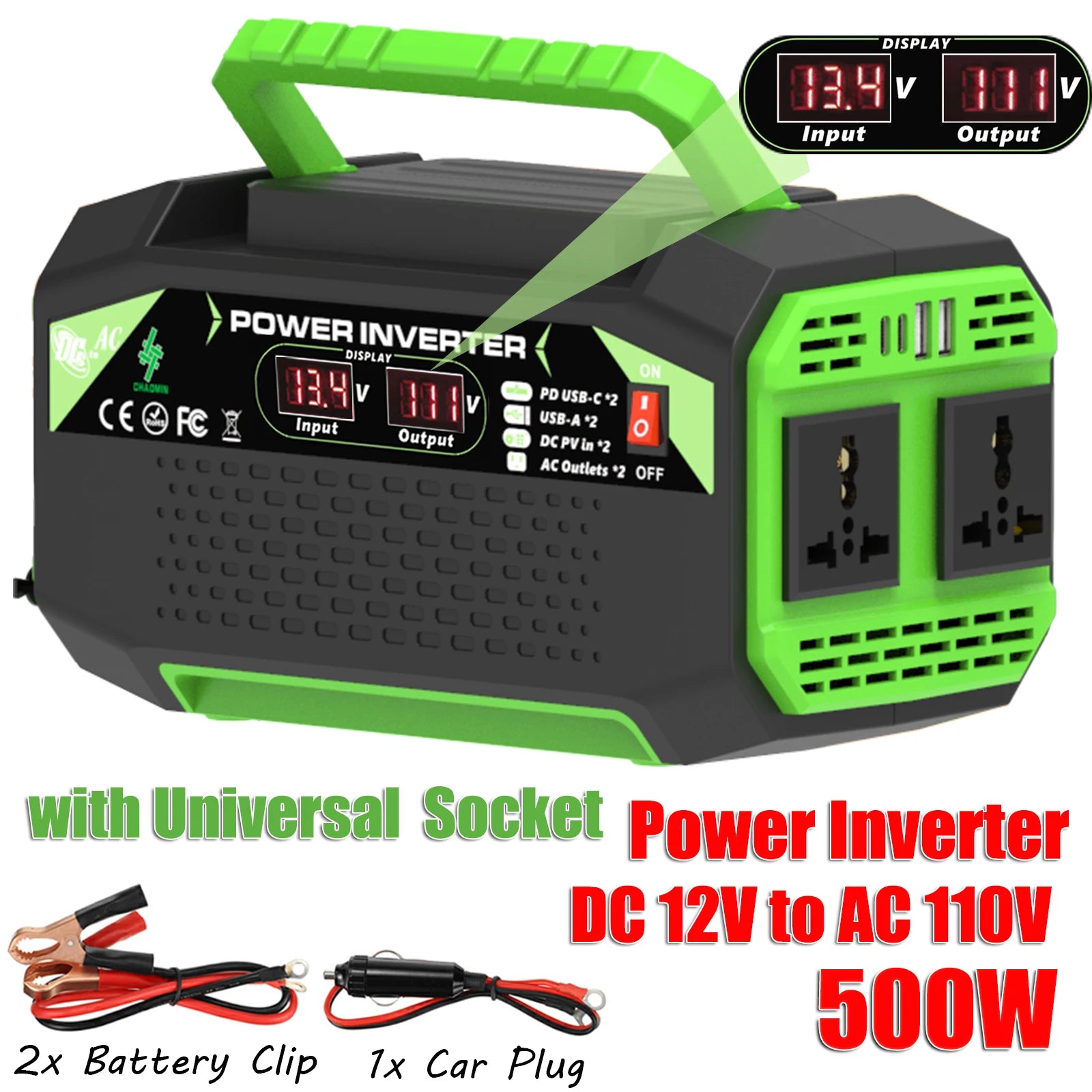500W power inverter, DC 12V to AC 110V/220V voltage converter, with USB and Type-C ports, suitable for laptops and outdoor use