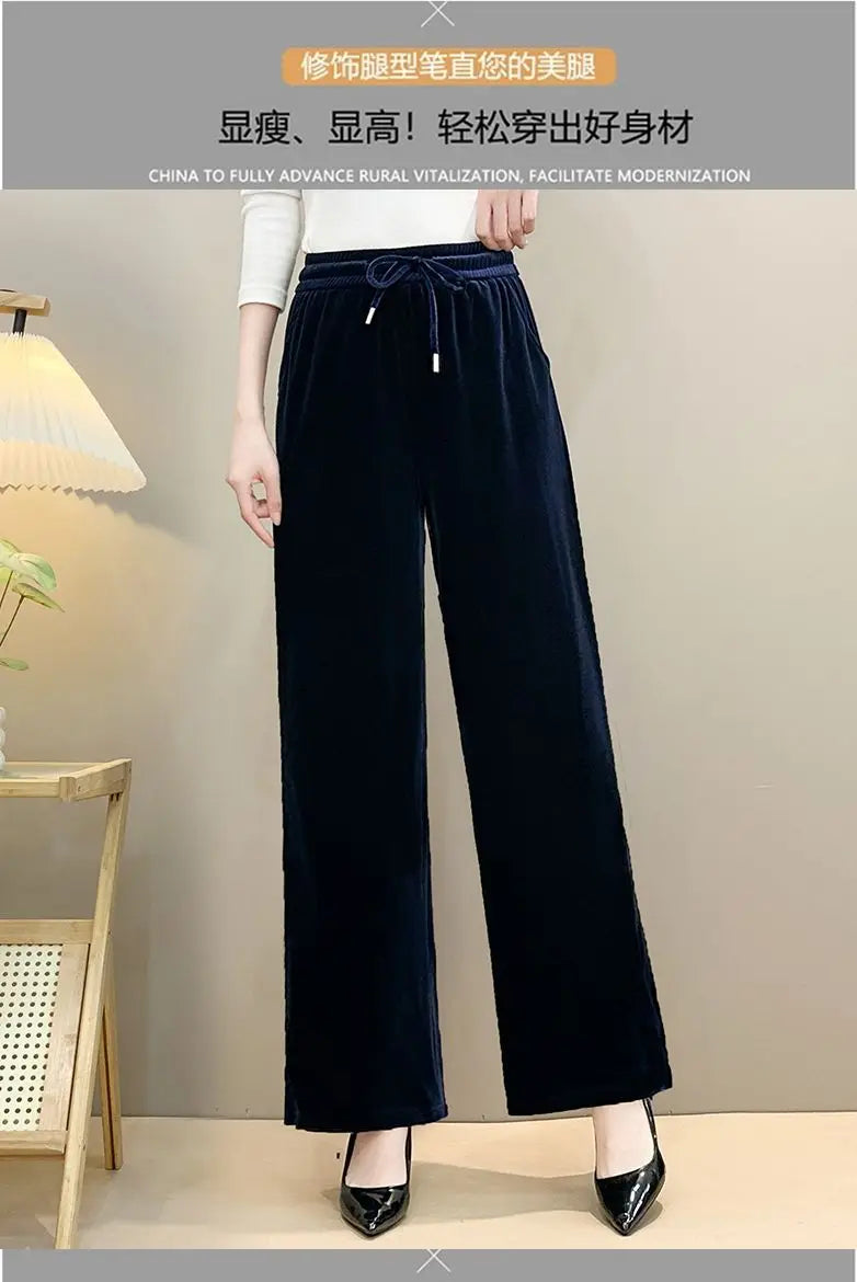 Women Drawstring High Waist Velvet Wide Leg Long Pants