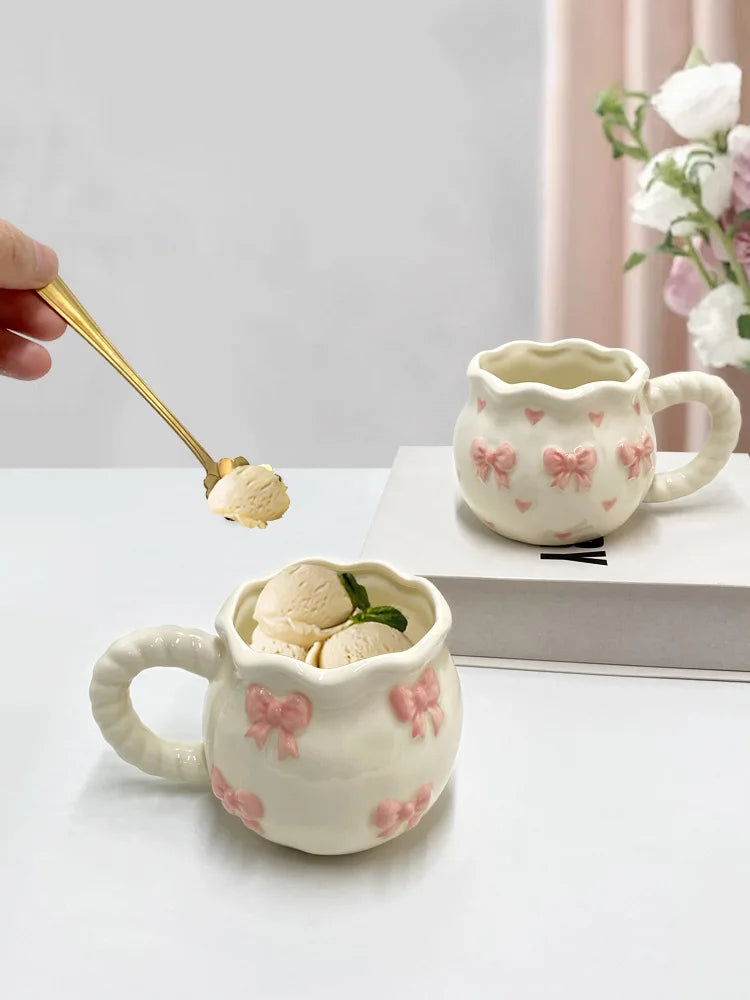 Bow Ceramic Coffee Cup Cute Handmade Ins Style Mug Drinking Water Afternoon Tea Gift Decoration Summer Dopamine Girlfriend Gift