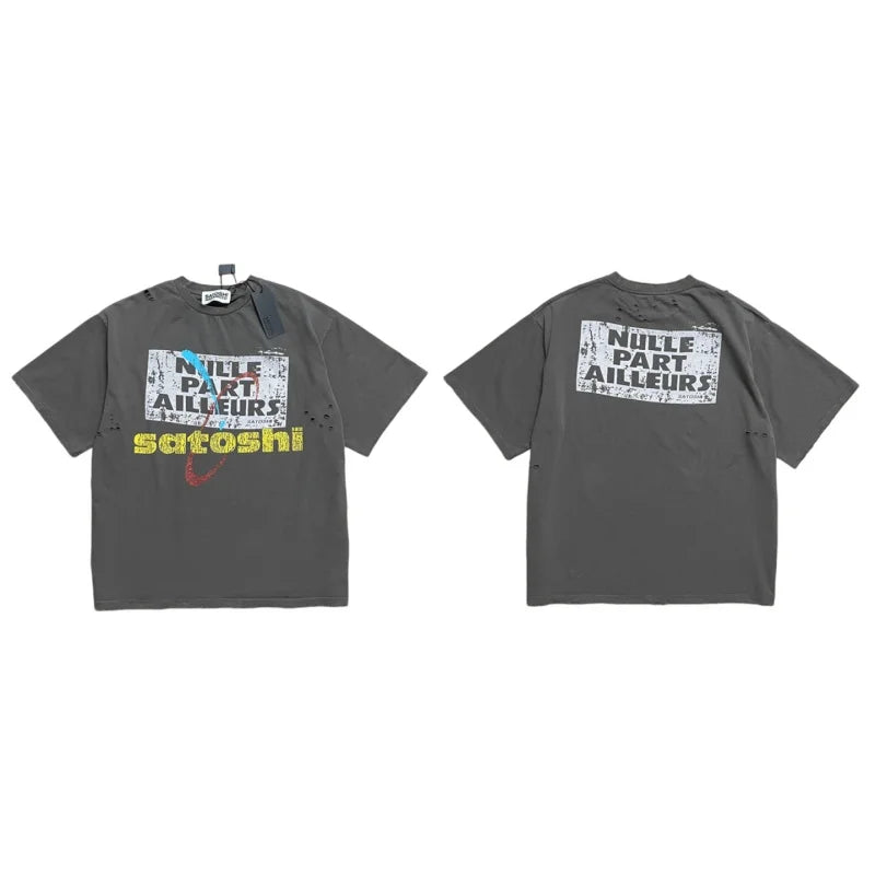 Men Satoshi Nakamoto Vintage Destroyed T-Shirt Oversized Cotton Streetwear Washed Tee