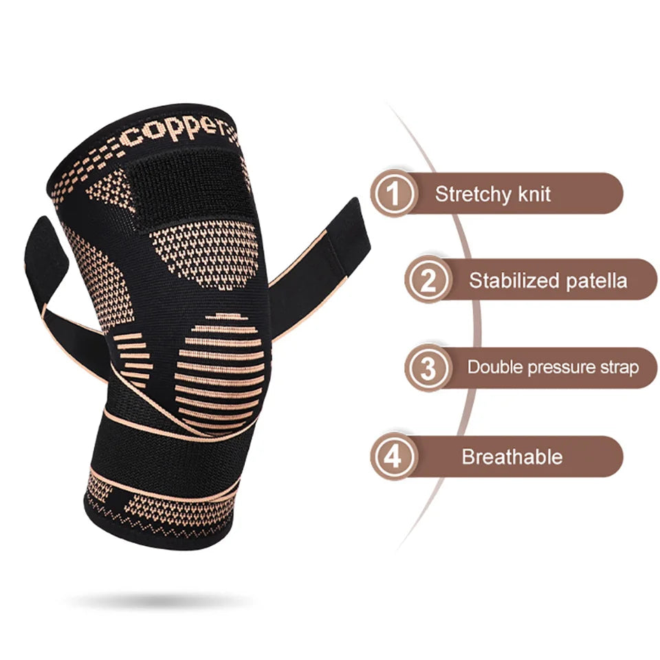 1Pcs Knee Support Knitted Nylon Copper Ion X-type Stable Patella Compression With Straps Ligament Strain  Knee Pads Men Women