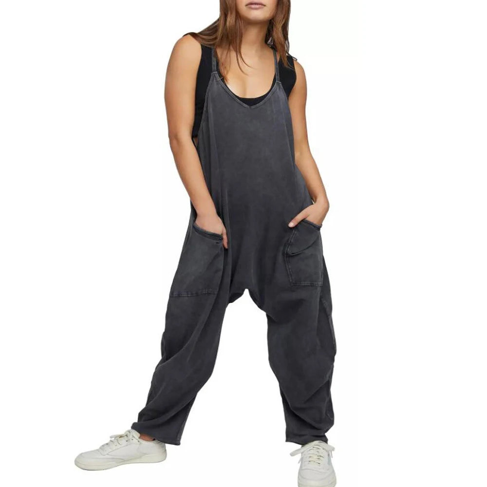 Women Casual Spaghetti Strap Sleeveless Jumpsuit Vintage Harajuku Wide Leg Loose Pants Summer Solid Oversize Overalls Rompers