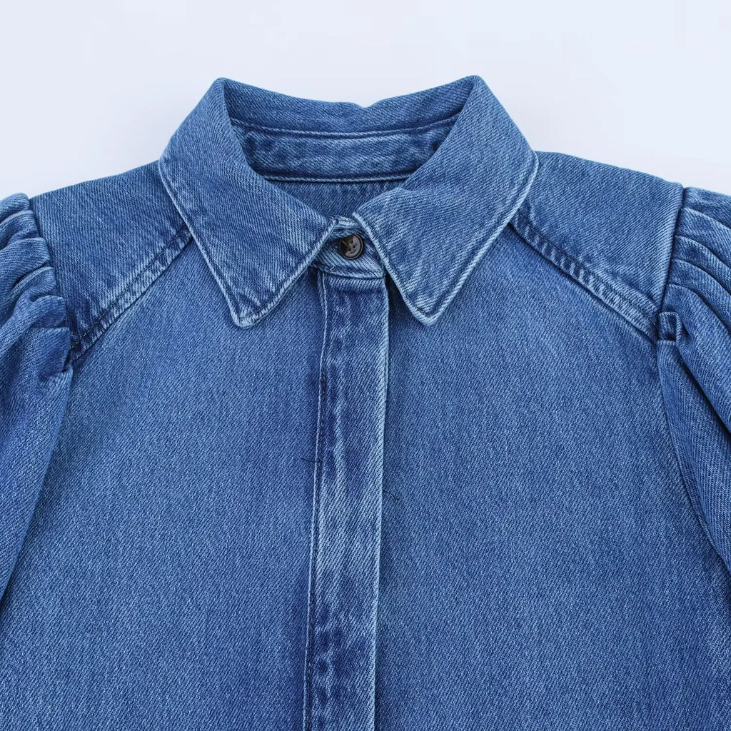 HH Women Summer New Fashion Thin Single-breasted Loose Folds Denim Shirt+High Waist Zipper Pocket Wide-leg Casual Pants Suit