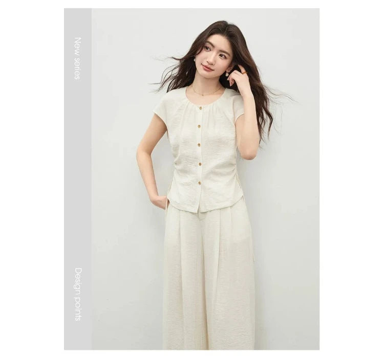 SENTUBILA Women's Office Set 2026 Summer New Blue Button Shirred Drawstring Slim Top Straight Pant 2 Piece Sets 162ZK6231