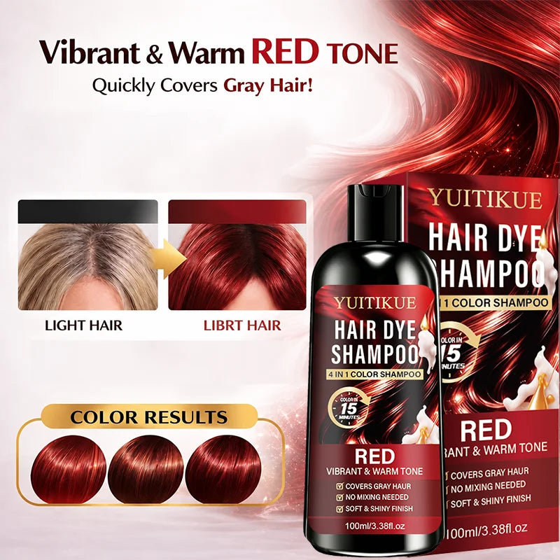 YUITIKUE Red 4-in-1 Coloring Shampoo Long Lasting Warm Hair Color Quick Dye Shampoo For Covering Grey White Hair