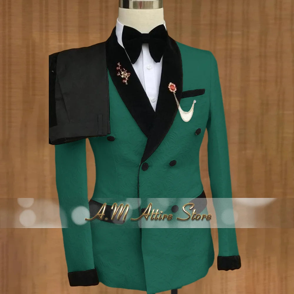 Luxury Wedding Attire for Men Tailored White Jacquard Suit with Black Velvet Shawl Lapel Accents for Grooms & Bridal Party 2PCS