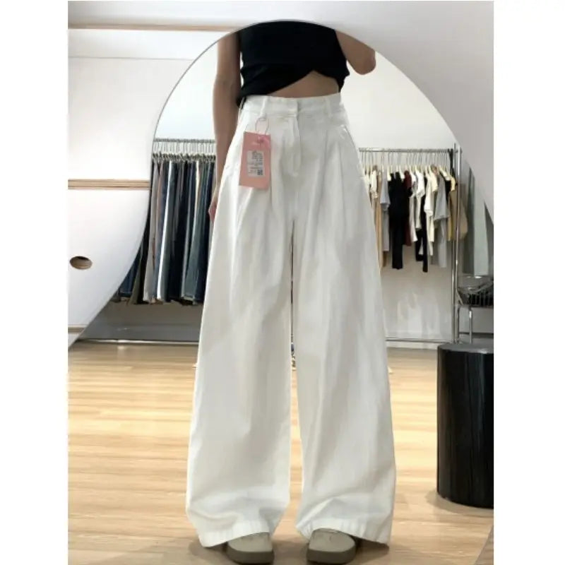 New Simple Basic Slim Women Jeans Casual Loose Fashion Street Woman Jeans Autumn High Waisted White Wide Leg Pants Female Chic