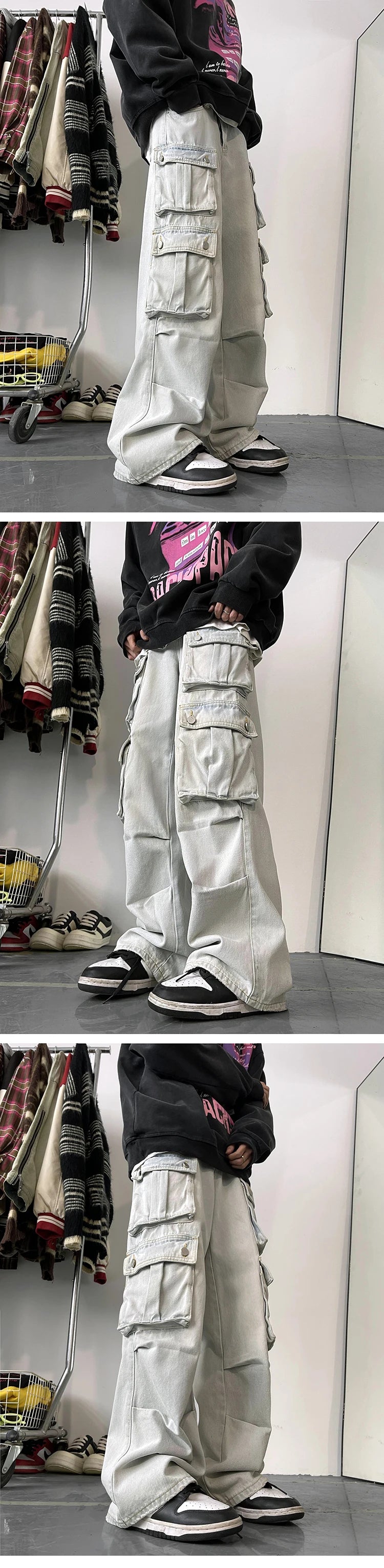 Cargo Jeans Men's Multiple pockets Patchwork Straight Casual Trousers Men Baggy Hip Hop Streetwear Loose Fashion denim Pants