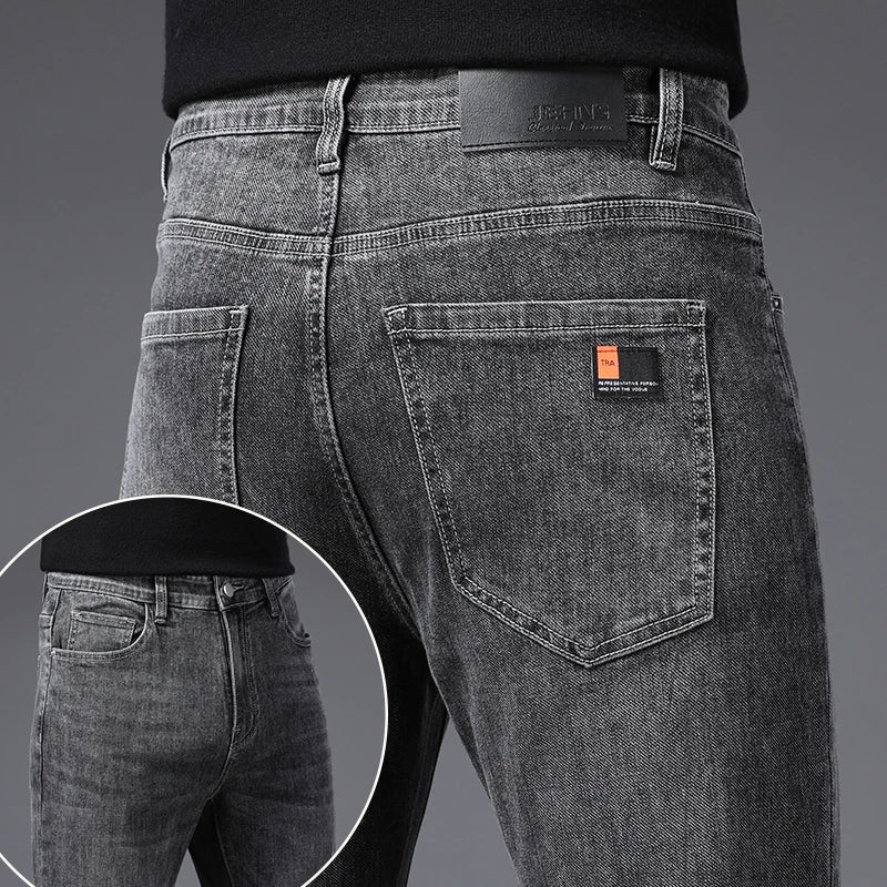 Korean Fashion Men's Soft Stretch Slim Fit Jeans Business Casual Straight Denim Pants Classic Brand Washed Blue Gray Trousers