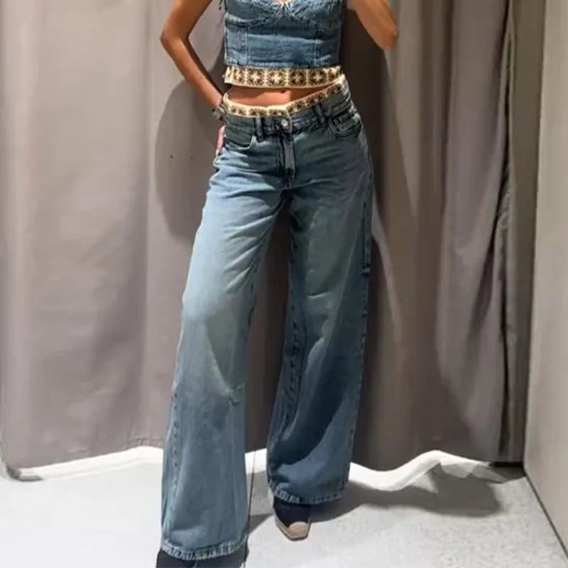 Crochet Splicing Cropped Top Jeans Set 2026 Summer New Ladies Sexy Backless Tank Top Straight Leg Denim Pants Women's Outfits