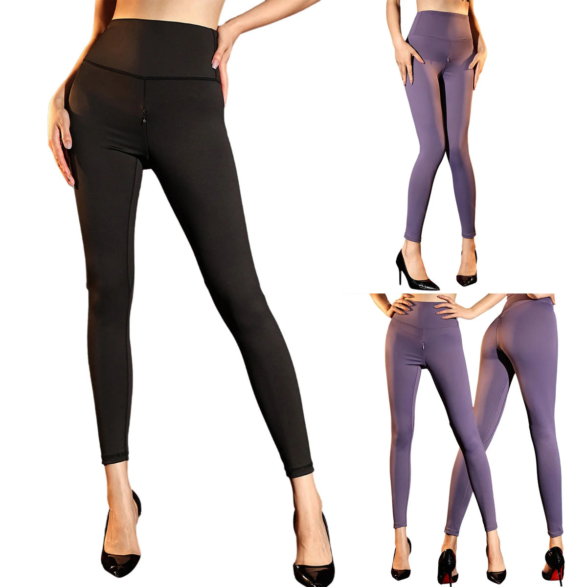 High Waist Stretchy Skinny Yoga Pants Womens Invisible Zipper Crotch Leggings Sports Bottoms Workout Cycling Running Clothing