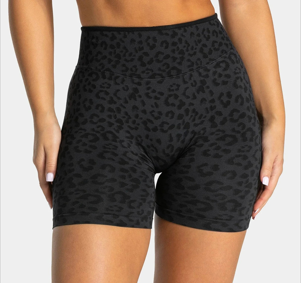 Custom LOGO women's hot-selling in high waist belly leopard print  colors seamless yoga hip lift tight running sports shorts