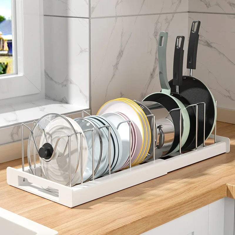 Expandable Kitchen Cabinet Pot Organizer - Adjustable Divider Rack, Multi-Use Storage Solution for Pots, Pans and Lids