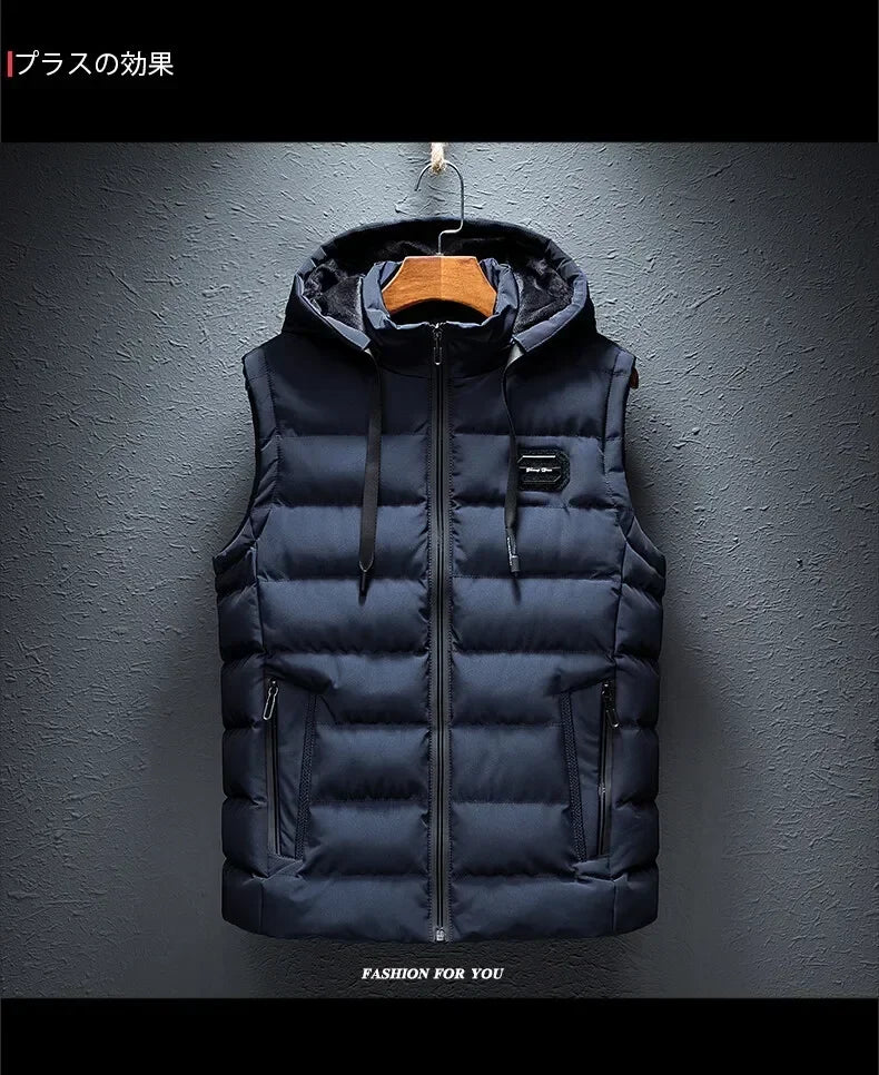 Fashion Warm Hooded Male Winter Vest Light Plus Size Mens Work Vest Waistcoat Hooded New Fleece Autumn Sleeveless Jacket for Men