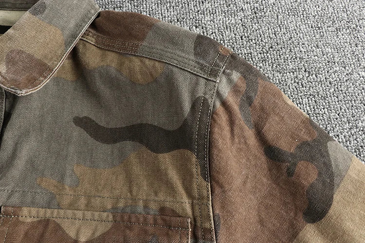 2024 Autumn and Winter New American Retro Woven Camouflage Cargo Shirt Men's 100% Cotton Washed Old Double Pockets Thin Jacket