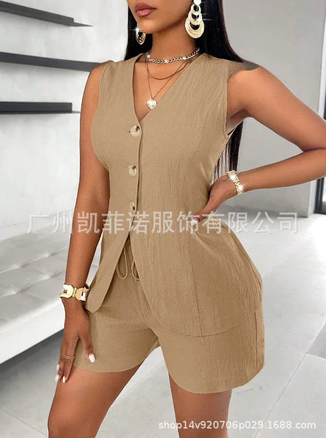 Women Fashion Casual Shorts Set Summer Vest Top Button Solid 2 Pieces Set Lace-up Pant Suits Womens Clothing Office Holiday 2025