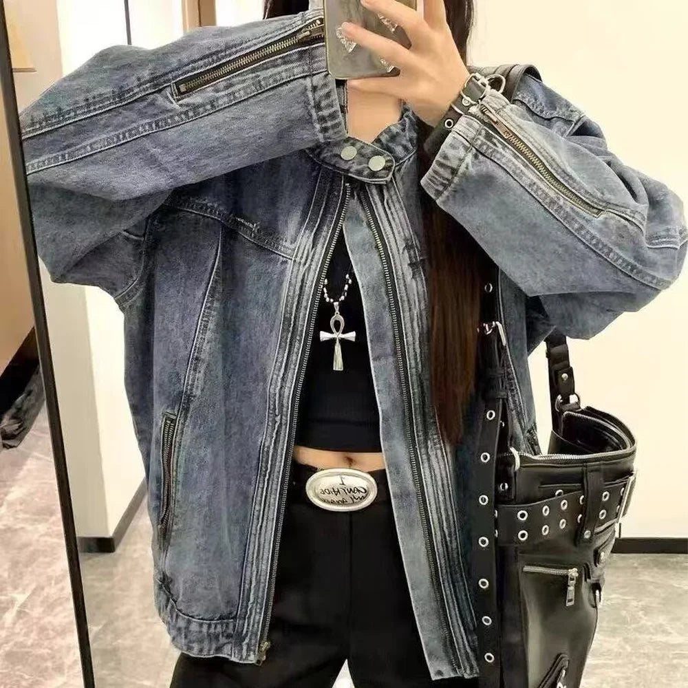 Men Denim Jacket Round Neck Zip Up Slim Fit Washed Vintage Casual Biker Jean Jacket Streetwear Outerwear 2026 New